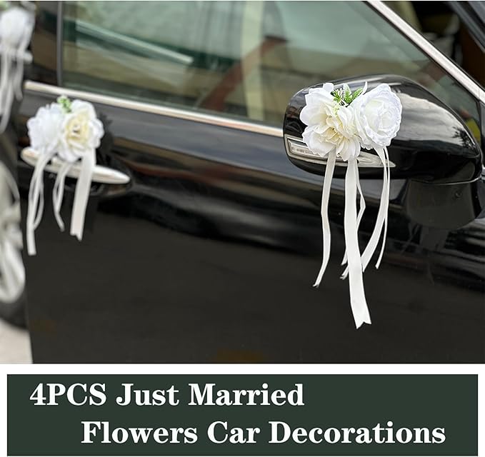 White Rose & Peony Wedding Car Door Handle Decor – 12 cm Artificial Flowers with Faux Greenery, Satin Ribbon Bow & Suction Cup – Versatile Bridal Vehicle & Mirror Ornament (Set of 4)