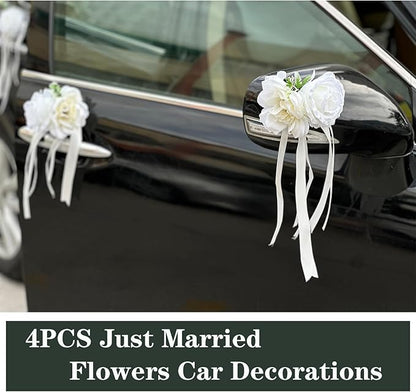 White Rose & Peony Wedding Car Door Handle Decor – 12 cm Artificial Flowers with Faux Greenery, Satin Ribbon Bow & Suction Cup – Versatile Bridal Vehicle & Mirror Ornament (Set of 4)