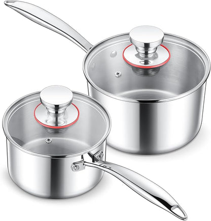 E-far Stainless Steel Saucepan Set - 1Qt & 2 Qt, Triply Sauce Pan Pot with Lid for Cooking Pasta Warming Milk Boiling Water, Small Metal Cookware for Kitchen, Induction Ready & Heavy Duty