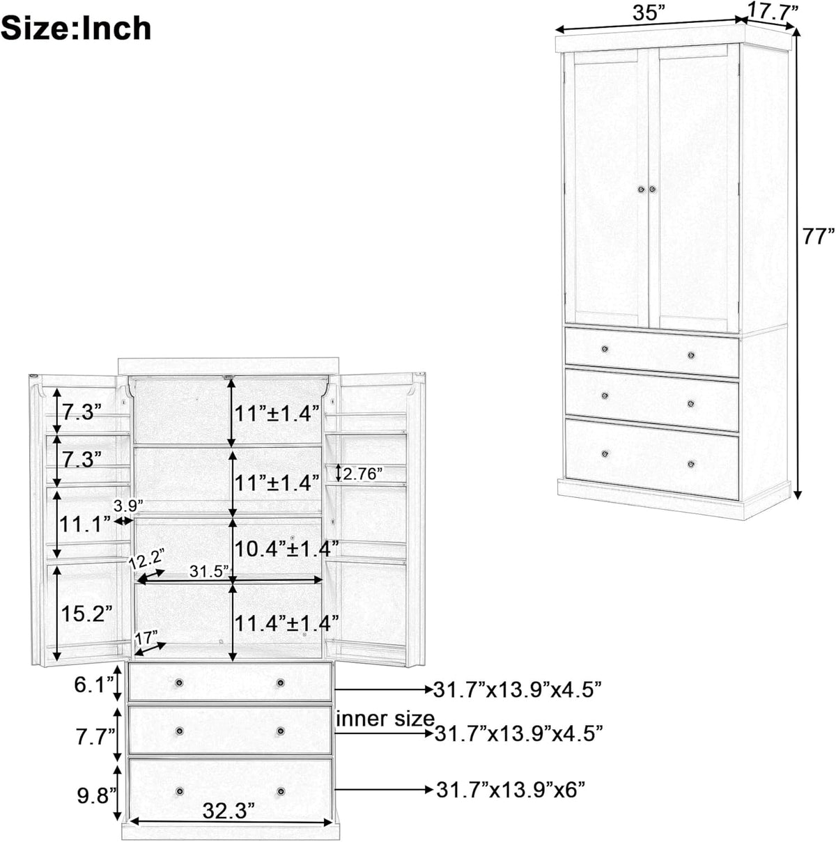 Kitchen Pantry Cabinet with Adjustable Shelves, 77 in | MDF, 4 doors, 8 door shelves, 3 adjustable shelves, slide-out compartments, kitchen pantry, 35 W x 17.7 D x 77 H in