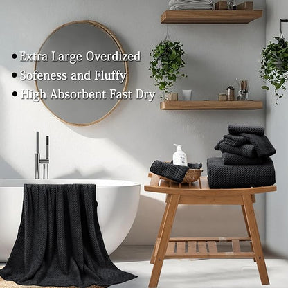 8-Piece Black Bath Towels Set,2 Oversized Large Bath Towels Sheet,2 Hand Towels and 4 Washcloths - 600 GSM Soft Luxury Towel Set,Highly Absorbent Quick Dry Towel Collection for Bathroom,Hotel and Spa