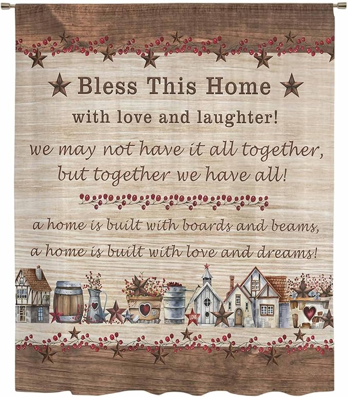 Farmhouse Sheer Curtains 63 Inch Length Brown Country Star Berry Vintage Wood Grain Chiffon Curtain for Bedroom Living Room Light Filtering Rod Pocket Window Treatments Voile Curtains Drapes