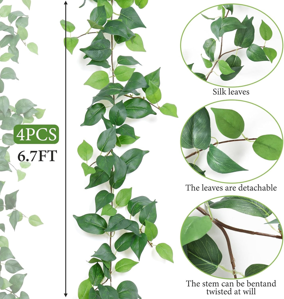 Dremisland 2 Strands Artificial Scindaps Vines Garland 6.7ft Fake Vines Ivy Garland Silk Green Leaves Faux Hanging Plants Greenery Decoration for Bedroom Wall Patio Party Wedding Decor (Ivy, 2PCS)