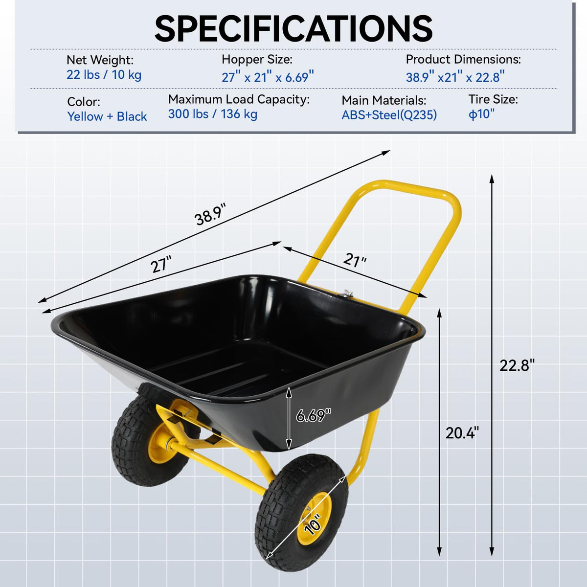 Dual Wheel Garden Wheelbarrow with 10-Inch Pneumatic Tires,300 LBS Capacity