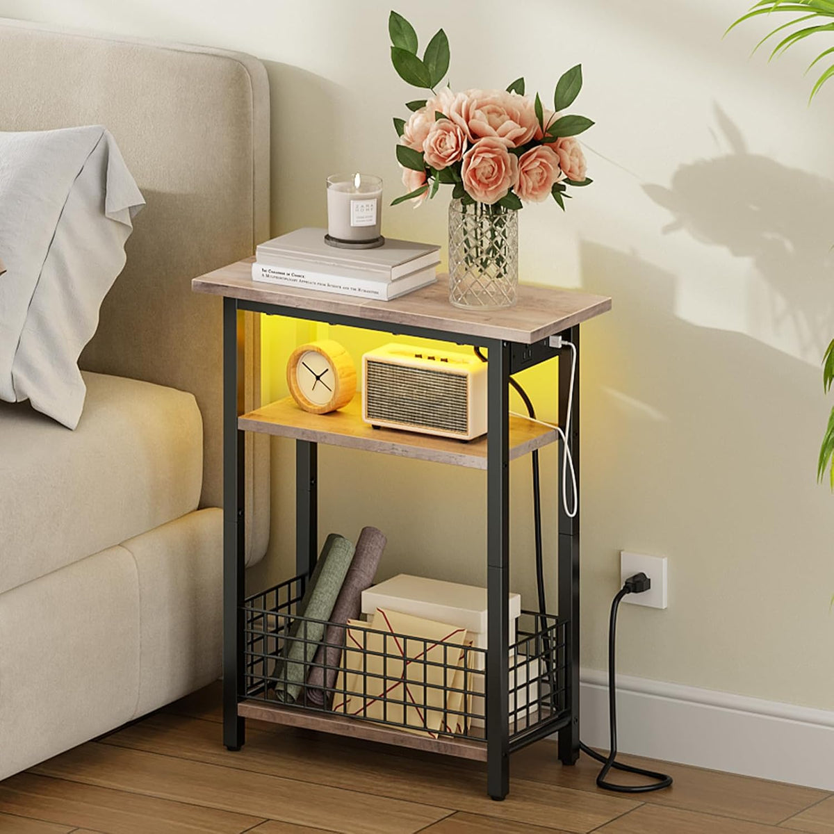 HOOBRO Narrow Side Table with Charging Station and LED Light, Small End Table with Storage, Skinny Nightstand with USB Port, Slim Bedside Table for Small Spaces, Living Room, Greige BG242UDBZ01