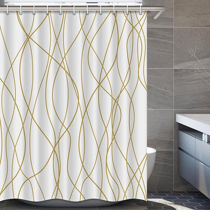 Punkray Gold Light Brown and White Striped Wavy Line Polyester Shower Curtain for Bathroom with Hooks, Extra Long Shower Curtain Set Decor Weighted Hem Washable, 72 x 78