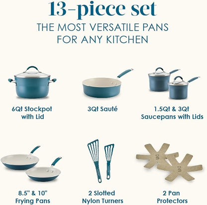 Rachael Ray Cucina Ceramic Cookware Set - 13 Pieces - Ceramic Pots and Pans Set w/Nonstick Frying Pans, Saute Pan, Saucepans, Stockpot, Lids, Pan Protectors & Cooking Utensils - Marine Blue
