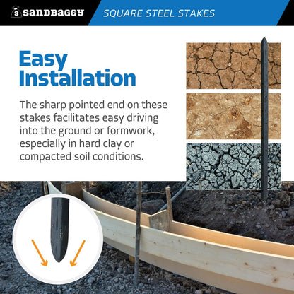 Sandbaggy 36" Square Steel Concrete Form Stakes with Nail Holes - 5/8" Wide - Rust Resistant Coating - Removable, Reusable - Construction Grade Stakes (100, 36 inch)