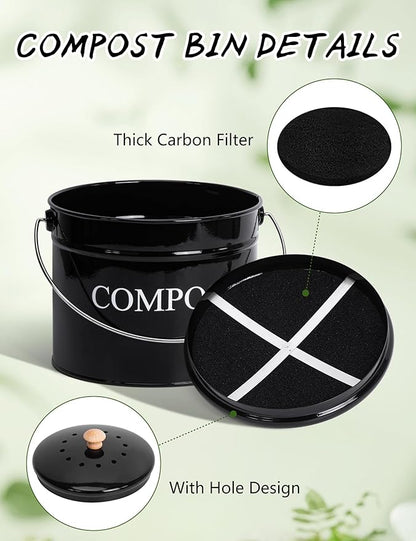 Compost Bin - 1 Gallon Countertop Composter with Lid and Charcoal Filters, Rust Proof Indoor Bucket for Kitchen Food Waste