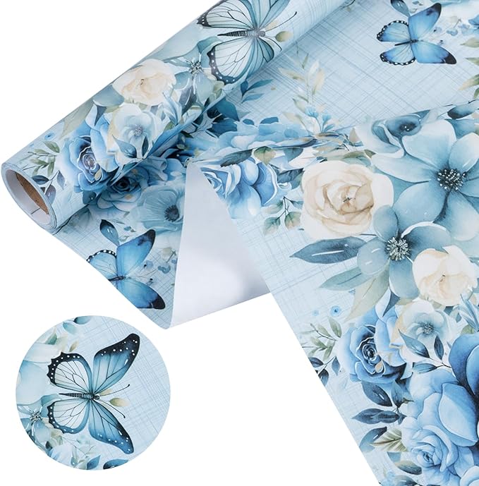 WRAPAHOLIC Kraft Floral Wrapping Paper - Mini Roll - 17 Inch x 16.5 Feet - Dusty Blue Flower and Butterfly Design for Wedding, Birthday, Bridal Shower, Tea Party, Drawer Liners, Home Closet Shelves