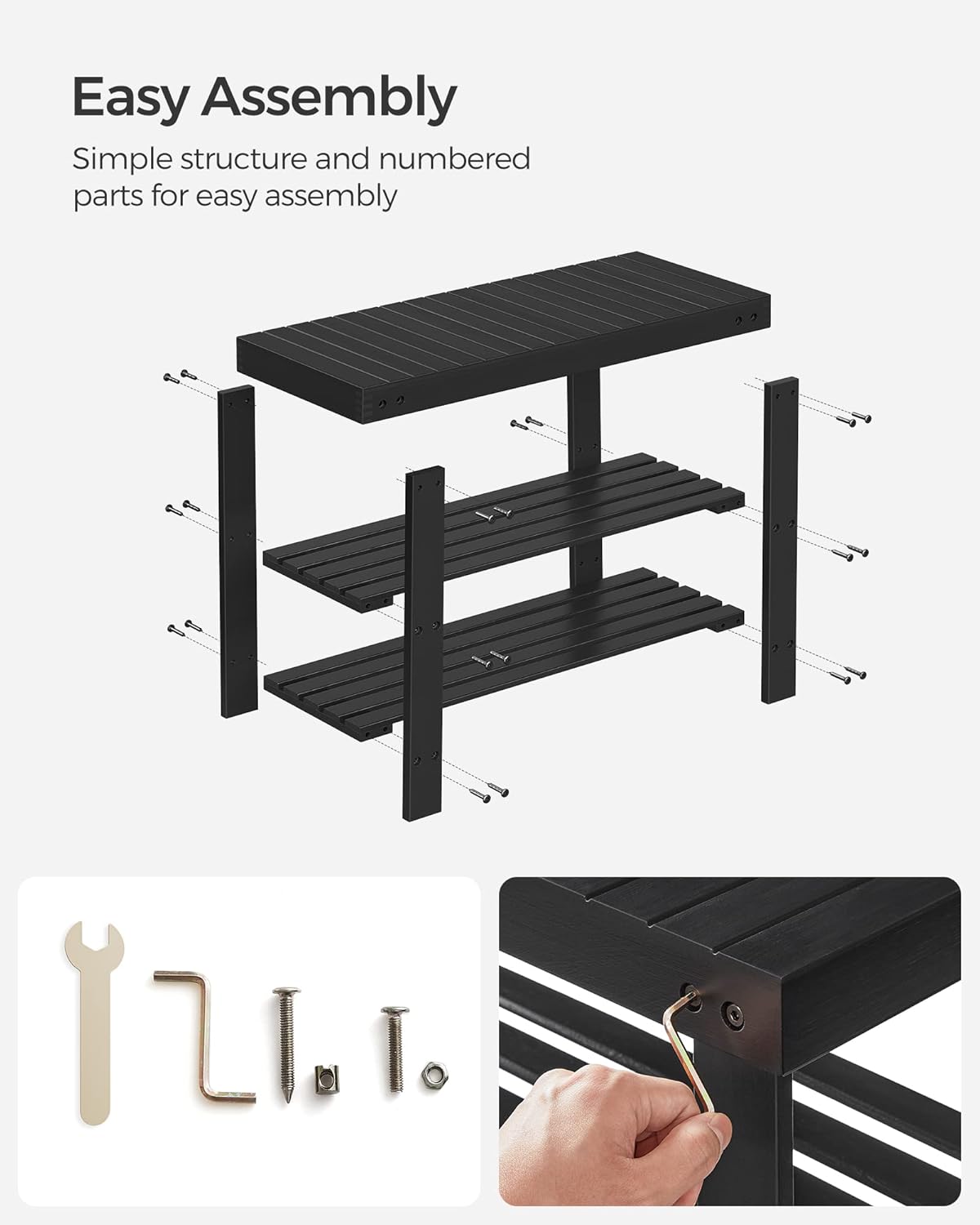SONGMICS Shoe Rack Bench, 3-Tier Bamboo Shoe Storage Organizer, Entryway Bench, Holds Up to 286 lb, 11.3 x 27.6 x 17.8 Inches, for Entryway Bathroom Bedroom, Ink Black ULBS04H