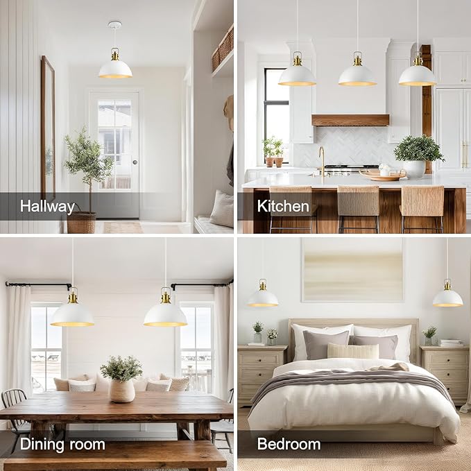 12 Inch White Farmhouse Pendant Lights for Kitchen Island Industrial Haning Lamp Adjustable Height Vintage Dome Hanging Light Fixtures for Barn, Dining Room