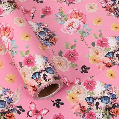 Aimyoo Gothic Wrapping Paper Roll, 17 Inch X 33 Feet Skull Floral Butterfly Design Gift Wrap Paper for Mother's Day, Birthday Bridal Shower
