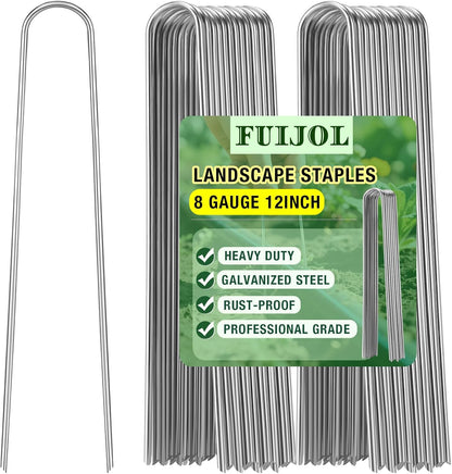 8 Gauge Landscape Staples, FUIJOL 12 Inch Heavy Duty U-Shaped Landscape Stakes, 25 Pack Galvanized Garden Staples for Weed Barrier Stakes, Ground Cover, Irrigation Tubing, Fence (25)