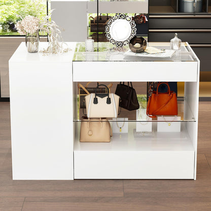 Glass Display Cabinet Closet Island, Glass Top Storage Cabinet for Retail, Collectibles Showcase with 8 Drawers, Walk in Display Island for Retail Shop, Cloakroom, White