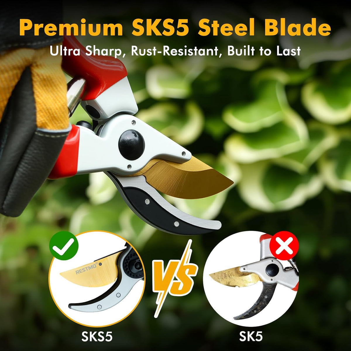 RESTMO 8.6" Professional Pruning Shears, Premium Titanium SKS5 Steel Blade, Forged Aluminum Handles for Durability & Long-Lasting Sharpness, Bypass Pruners for Gardening, Clippers & Scissor Tool