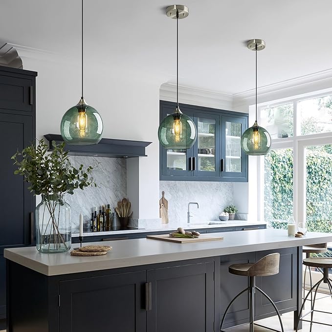 Gray Green Glass Pendant Lights Kitchen Island Lighting Globe Pendant Light Fixtures Modern Pendant Lighting for Kitchen Island Bedroom Living Dining Room Light Fixture(7.87in, 1-Pack)