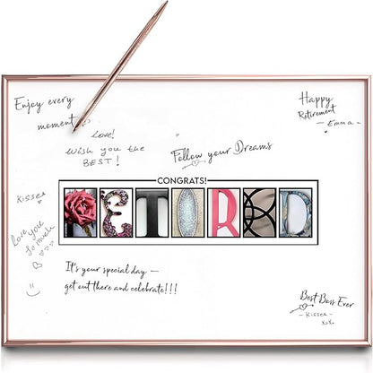 Framed Rose Gold Retirement Decorations Guest Book 12"x16" for Women - Happy Retirement Party Decorations - including Rose Gold Pen & Acrylic Glass - Unique Retired Gift
