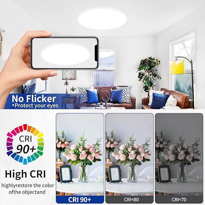 20 Inch Led Flush Mount Ceiling Light Fixture Dimmable with Remote Control, White, Ultra Thin, 48W 4800Lumen, for Bedroom, Living Room, Kitchen, Dining Room, Home Office