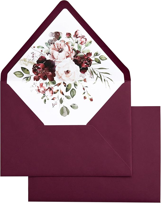 PONATIA 50PCS A7 Euro Flap Envelopes, 5.25 x 7.25'' Burgundy Flowers Liner Envelope for 5x7'' Wedding Invitation Cards, Christmas Gift Cards, Acrylic Invitations, Photos