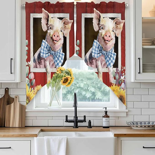 Pig Sunflowers Swag Valances for Windows, Eucalyptus Leaves Floral Bees Red Barn Rod Pocket Kitchen Curtains Valance, Kitchen Window Curtains Swag for Cafe Bathroom Living Room, 2 Panels, 36x63 inch