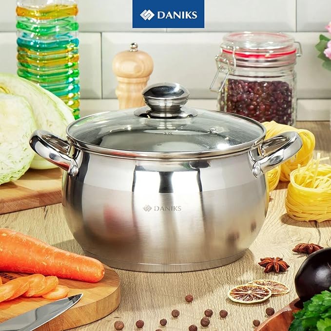 Daniks Classic Frying Pan Included, 12-Piece Stainless Steel Induction Cookware Set – Dishwasher Safe Pots and Saucepan with Lids, Measuring Scale, Silver