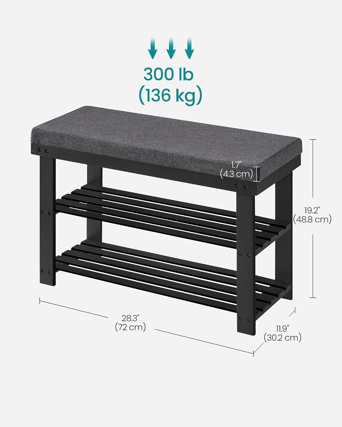 SONGMICS Bamboo Shoe Bench, 3-Tier Shoe Rack Organizer for Entryway, Living Room, Bench Seat Holds Up to 300 lb, 11.9 x 28.3 x 19.2 Inches, Ink Black and Slate Gray ULBS604B01