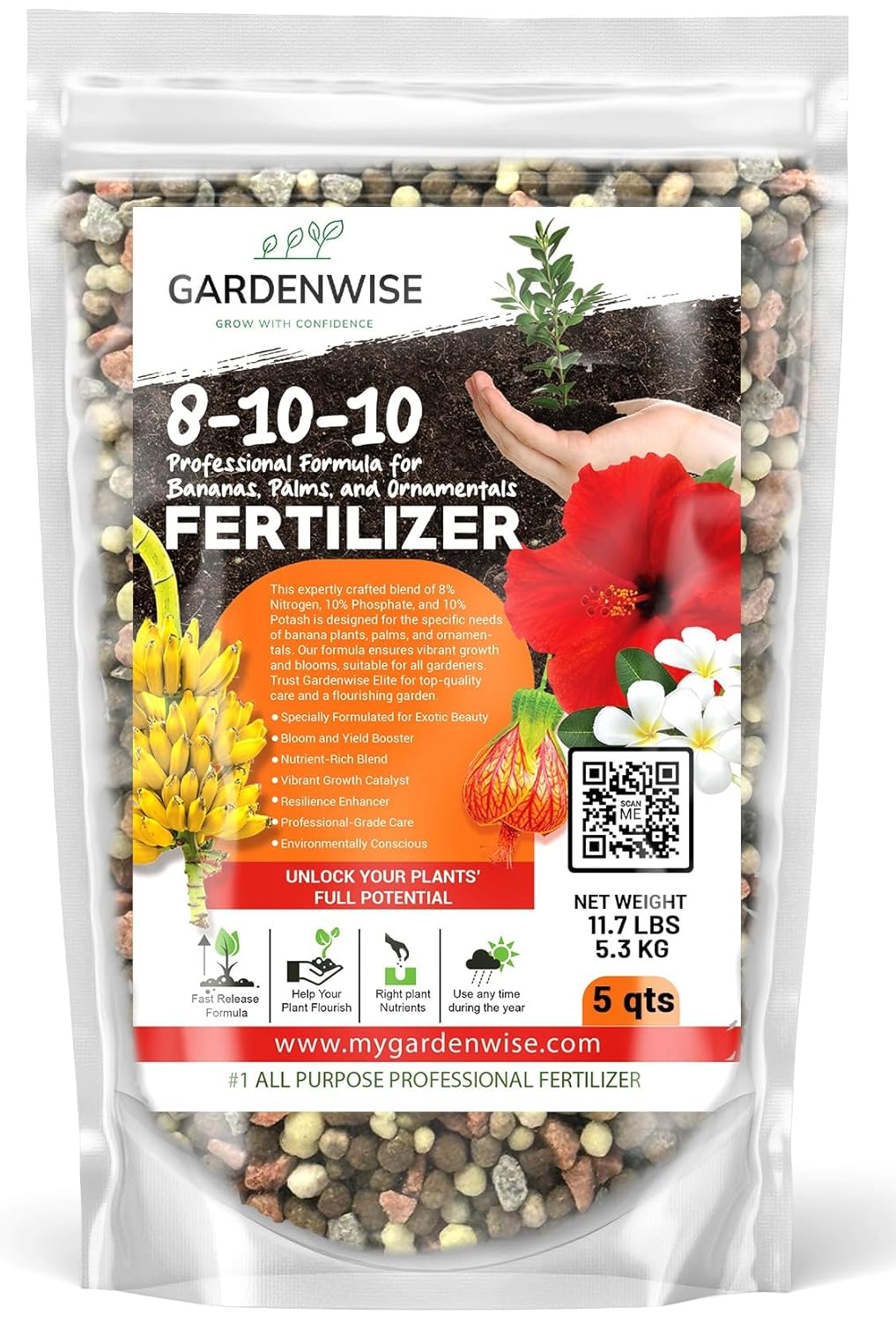 Elite 8-10-10 Professional Fertilizer for Banana, Flowering, and Fruit Trees, Ornamentals - Boosts Flowering & Fruiting - for Indoor & Outdoor Plants (5 QUARTS)