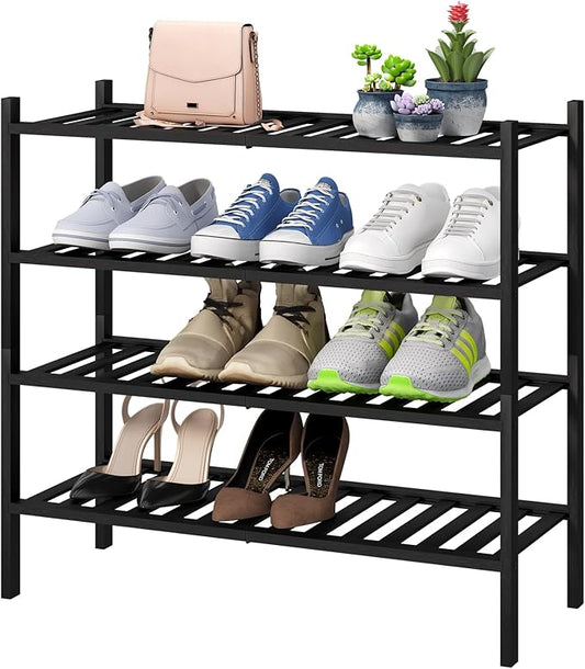 4-Tier Black Bamboo Shoe Rack for Entryway, Stackable | Foldable | Natural, Shoe Organizer for Hallway Closet, Free Standing Shoe Racks for Indoor Outdoor