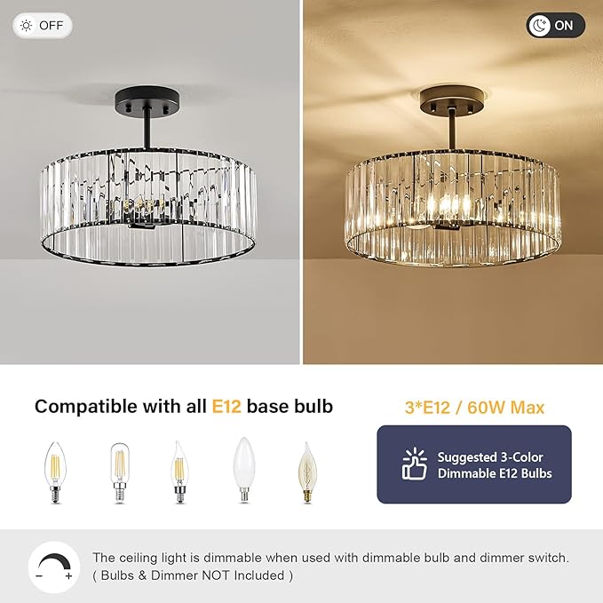 Crystal Black Ceiling Light, Modern Semi Flush Mount Ceiling Lighting Fixture, Round Hallway Lighting Fixtures Chandelier for Kitchen Entryway Bedroom Dining Room, 3-Light, 15.7 Inch