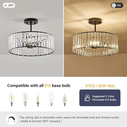 Crystal Black Ceiling Light, Modern Semi Flush Mount Ceiling Lighting Fixture, Round Hallway Lighting Fixtures Chandelier for Kitchen Entryway Bedroom Dining Room, 3-Light, 15.7 Inch