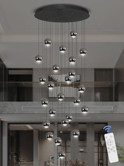 Farmhouse Crystal Chandelier, Luxury Hanging Lights High Ceiling Pendant Lighting for Foyer Staircase 24 Lights Black Chandelier Dimmable 2700k-6000k