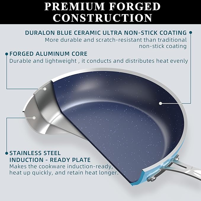Nuwave 9pc Cookware Set Healthy Duralon Blue Ceramic Nonstick Coated, Diamond Infused Scratch-Resistant, PFAS Free, Oven Safe, Induction Ready & Evenly Heats, Tempered Glass Lids & Stay-Cool Handle