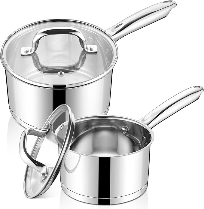 LIANYU Stainless Steel Saucepan Set, 1QT & 3QT Sauce Pan with Lid, Multipurpose Cooking Pot Set, Triply Bottom Milk Sauce Pan for Home Kitchen, All Stove Compatible, Dishwasher Safe