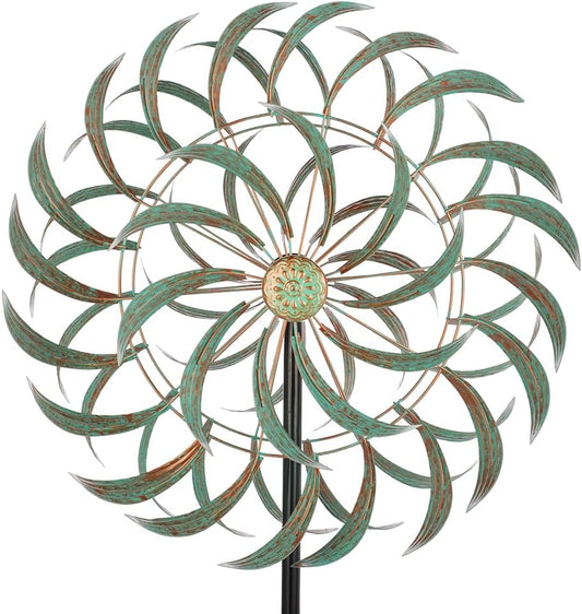 Viveta Large Outdoor Wind Spinner,21 * 85 inches Metal Wind Sculpture with 4 Sturdy Stakes,Green Double Wind Spinners,Decorative Windmill for Yard and Garden