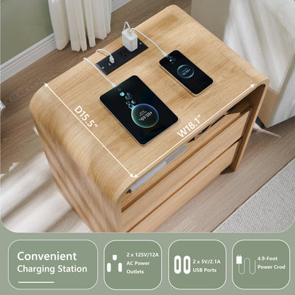 Aitjunz 25" Tall Modern Nightstand with Charging Station, 23.6'' Wide Wood Bedside Table w/2 Storage Drawers, Large Mid Century End Table for Bedroom, Living Room, Curved Profile Design,Natural Oak