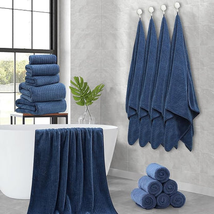 18 Piece Family Bath Towel Set Include 6 Bath Towels,6 Hand Towels and 6 Washcloths Soft Bathroom Towel with Hanging Loops,Highly Absorbent Quick Dry Towels Set for Bathroom,Hotel and Spa-Navy