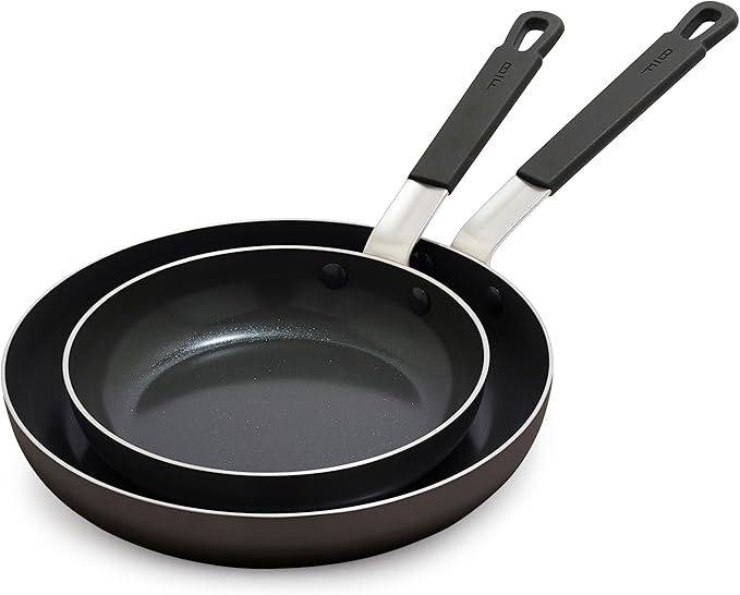 GreenPan x Bobby Flay 2 Piece- 8” and 10” Nonstick Frying Pan Skillet Set, PFAS-Free Diamond Ceramic, Induction Suitable, Stay-Cool Silicone Handle, Easy Clean Dishwasher & Oven Safe, Black