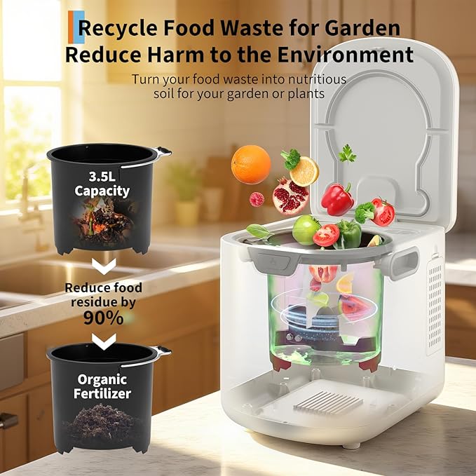 3.5L Electric Composter Countertop, 3 Modes Kitchen Smart Compost Bin with Auto Cleaning, LED Display, Turns Kitchen Waste Into Dry Manure, Low Noise Food Waste Compost Machine