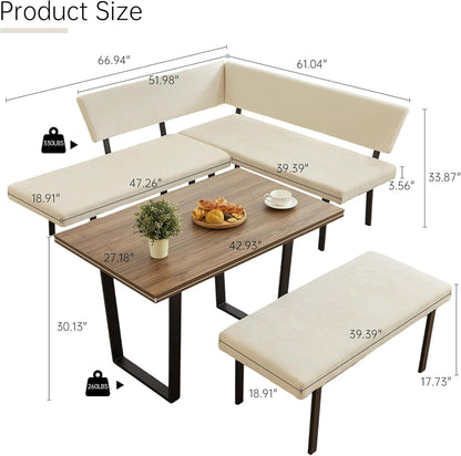 HIPIHOM 3-Piece Corner Dining Table Set with Bench, 67 Inch Space-Saving Breakfast Nook for Kitchen & Dining Room (Walnut Table & Beige Bench)