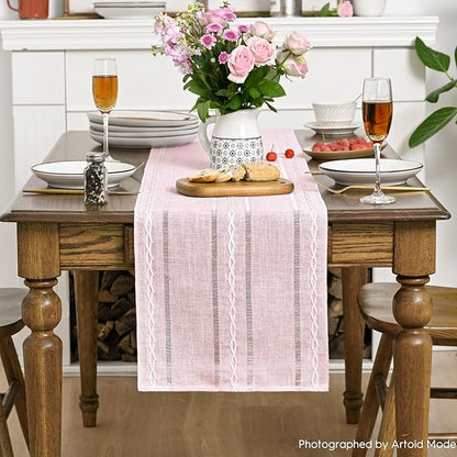 Artoid Mode Pink Rustic Cotton Linen Table Runner, Seasonal Embroidered Hollow Kitchen Dining Table Decoration for Home Party Decor 13x108 Inch