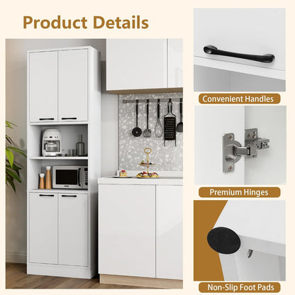 POWERSTONE Wood Kitchen Pantry Cabinet, 75" Tall Bathroom Storage Cupboard with 4 Doors & Shelves, Slim Freestanding Utility Hutch for Dining Room, Living Room, Bathroom White