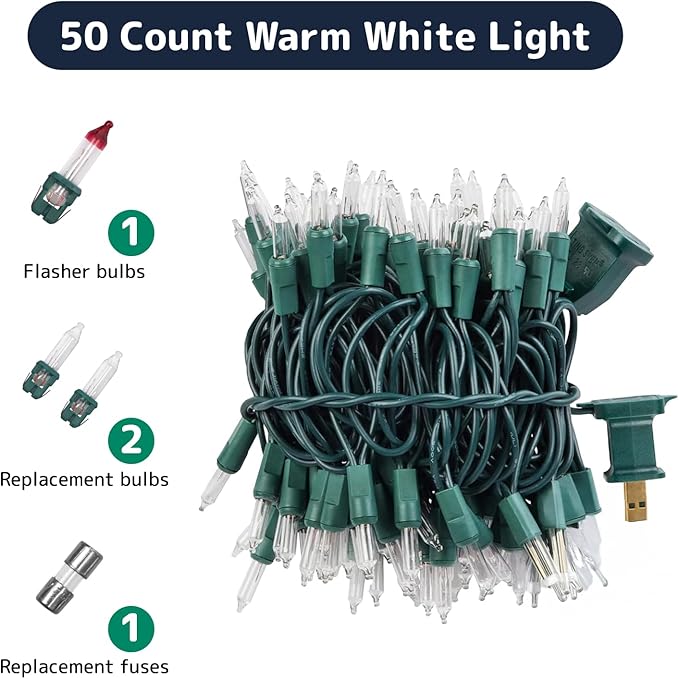 PREXTEX 50 Count Clear Christmas Tree Lights - 10 ft Warm Fairy String Lights with Green Wire - Indoor and Outdoor Mini Light for Christmas, Holiday Decorations, Trees, Fences, Patios and More