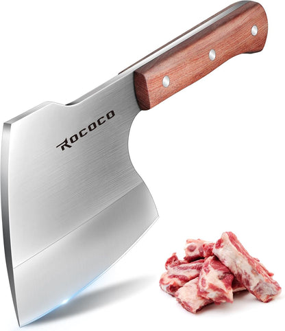 ROCOCO Meat Bone Cleaver Knife for Meat Cutting Heavy Duty Butcher Axes Hand Forged Full Tang Chopper for Kitchen Thanksgiving Christmas Gifts Idea Men Silver