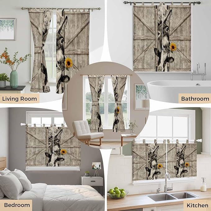 Funny Farm Animals Kitchen Curtains 36 Inch Length, Small Window Curtains Tab Top, Vintage Barn Brown Sunflowers Light Filtering Short Window Treatments Tier Drapes 27.5"x36" 2 Panel