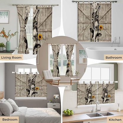Funny Farm Animals Kitchen Curtains 36 Inch Length, Small Window Curtains Tab Top, Vintage Barn Brown Sunflowers Light Filtering Short Window Treatments Tier Drapes 27.5"x36" 2 Panel