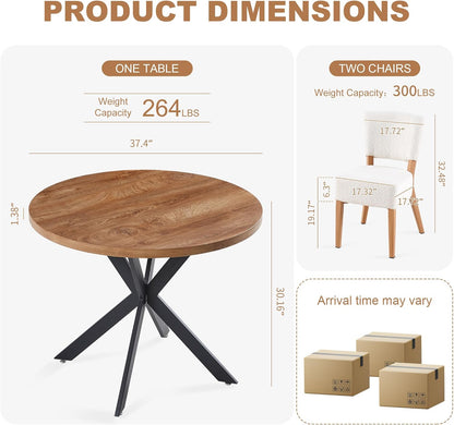 3-Piece Round Table & Chair Set, Space Saving Kitchen Breakfast Nook Walnut Wood Grain Tabletop with Metal Frame and 2 Stackable Dining Chairs for Kitchen, Dining Room, White