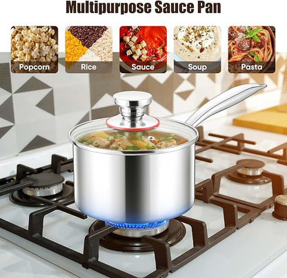 E-far Stainless Steel Saucepan Set - 2Qt & 3 Qt, Triply Sauce Pan Pot with Lid for Cooking Pasta Warming Milk Boiling Water, Small Metal Cookware for Kitchen, Induction Ready & Heavy Duty