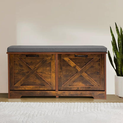Shoe Storage Bench with 2 Flip Drawers & Barn Doors, Entryway Shoe Cabinet with Adjustable Shelves and Cushioned Seat,Shoe Organizer Storage Bench for Hallway, Living Room, Bedroom, Brown