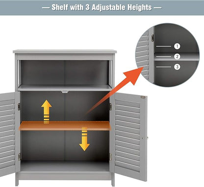 Tangkula Bathroom Floor Cabinet, Wooden Freestanding Storage Cabinet with Double Shutter Door & Adjustable Shelf, Storage Cabinet for Bathroom Living Room (Grey)